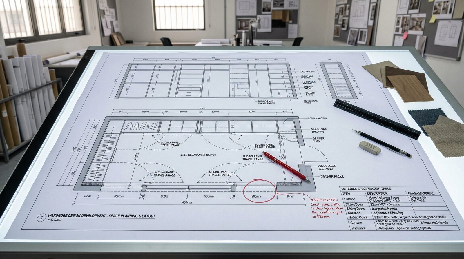Large-format sliding wardrobe space planning floor plan with panel travel zones and interior layout at Karnak Carpentry Al Quoz design studio Dubai