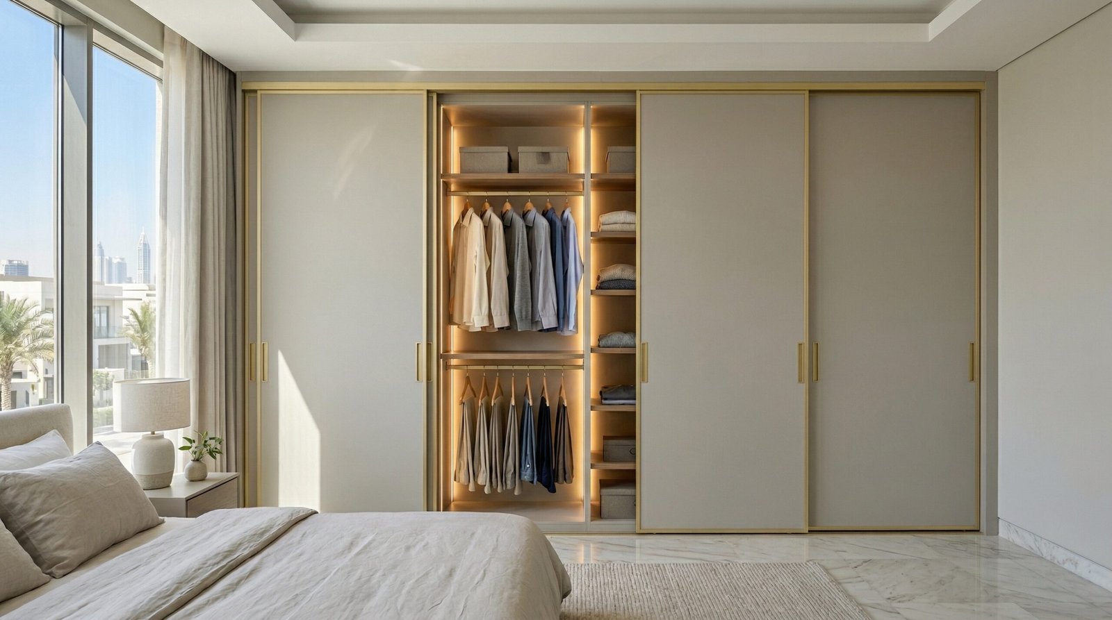 Floor-to-ceiling four-panel sliding wardrobe in matte greige lacquer with brushed gold frame installed in Dubai Hills villa master bedroom by Karnak Carpentry UAE