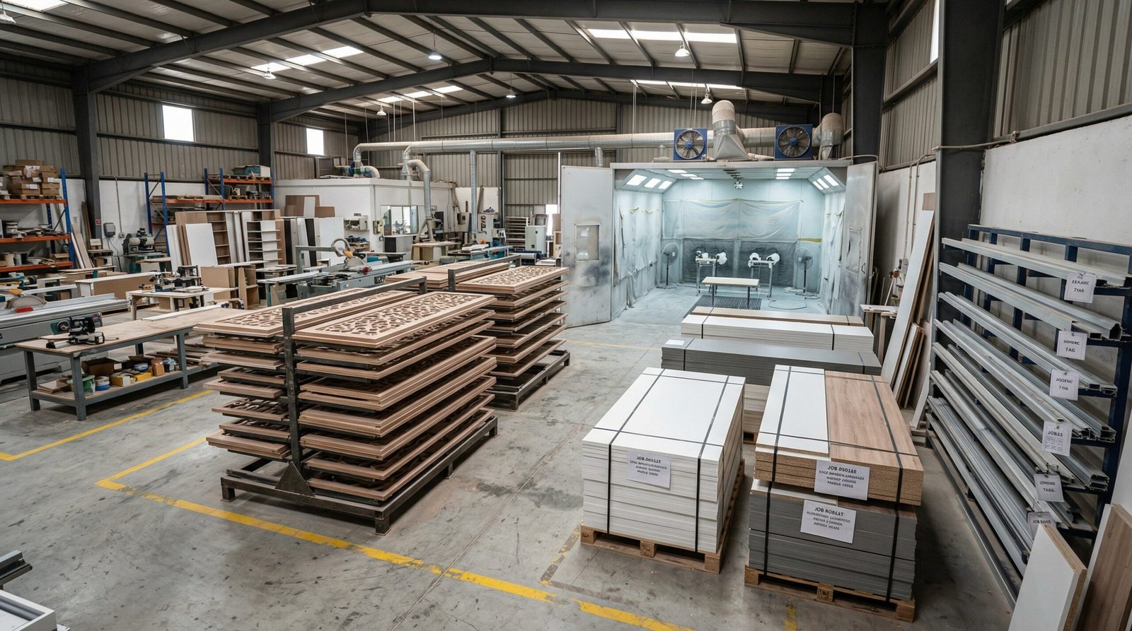 Sliding wardrobe door panels and carcass units in production at Karnak Carpentry Al Quoz Dubai workshop fabrication stage after final client approval