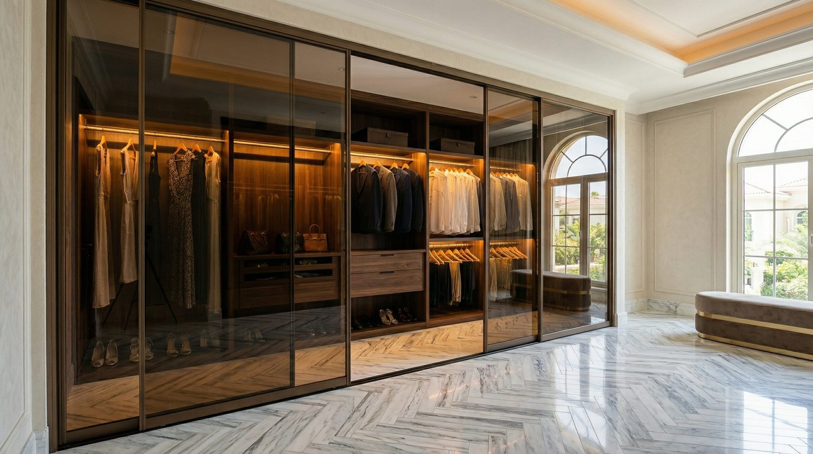 Smoked bronze tinted glass three-panel sliding wardrobe with black aluminium frame installed in Emirates Hills villa dressing room by Karnak Carpentry UAE