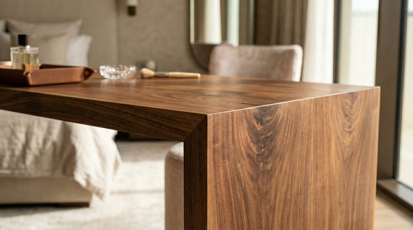 Solid American walnut dressing table desktop with natural grain waterfall edge detail installed in Emirates Hills villa by Karnak Carpentry Dubai UAE