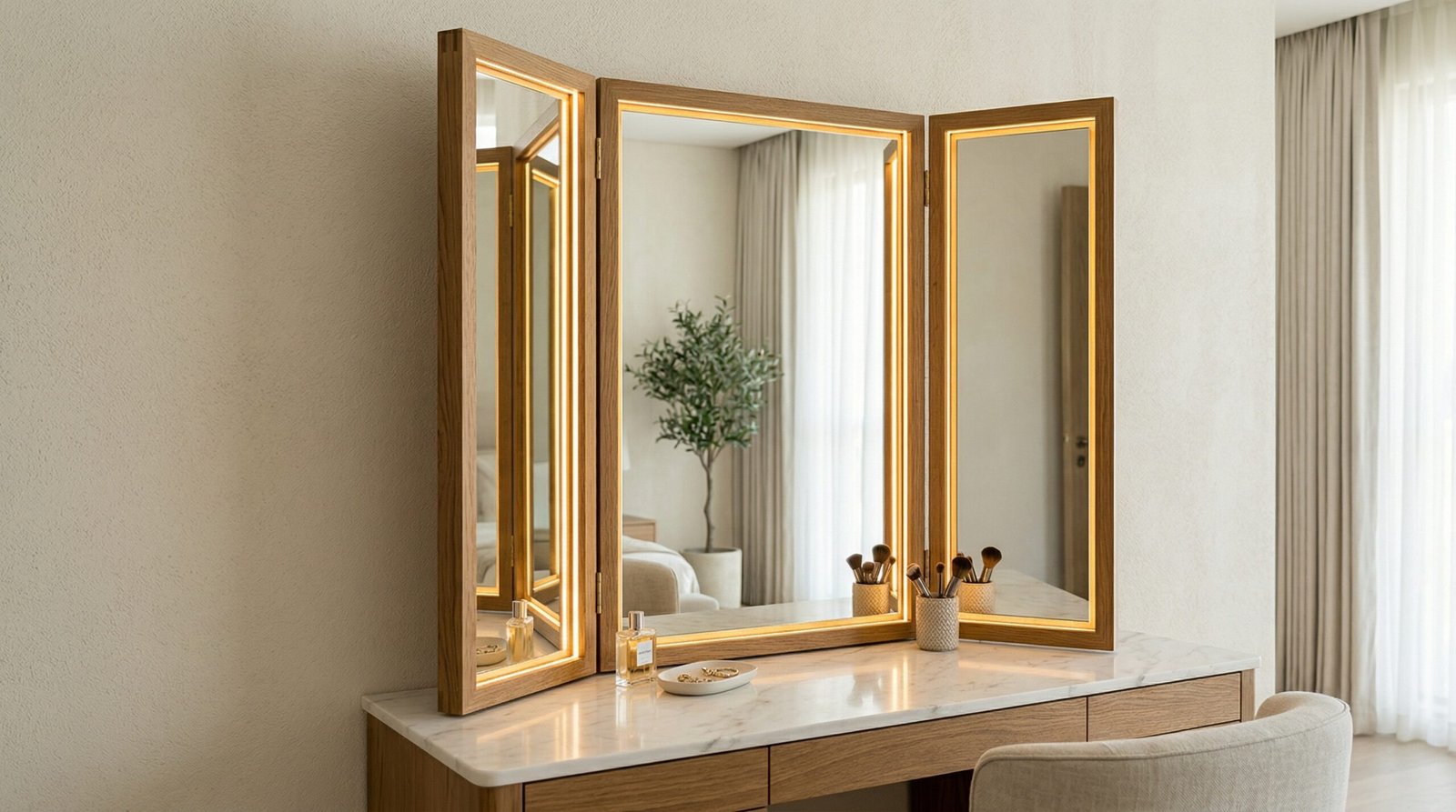 Full-height triptych solid oak-framed dressing table mirror with integrated LED strip installed in Sobha Hartland villa by Karnak Carpentry Dubai UAE