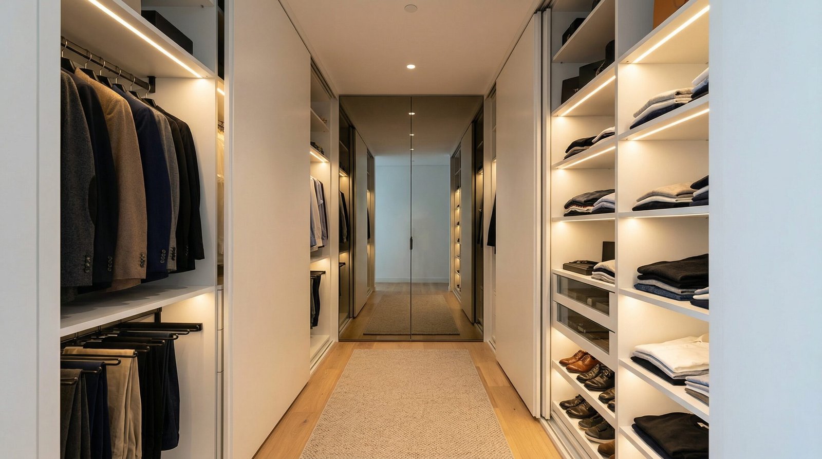 Completed walk-in wardrobe conversion in matte white lacquer with sliding panels and LED shelving in Dubai Marina apartment by Karnak Carpentry UAE