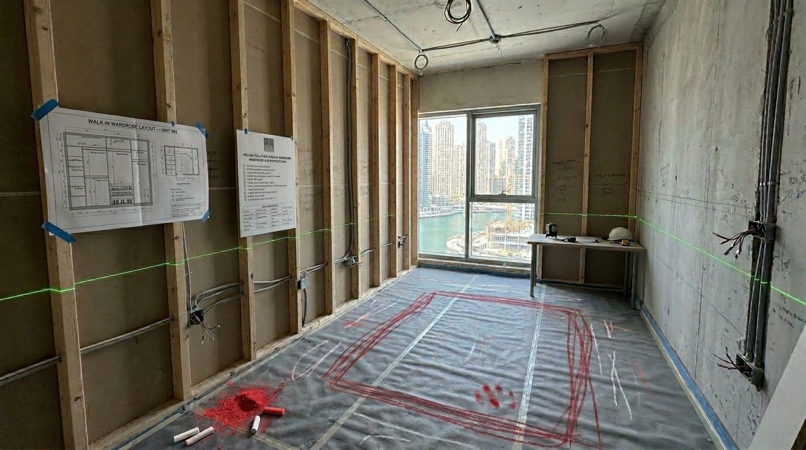 Before stage of walk-in wardrobe conversion in Dubai Marina apartment with laser level lines and electrical conduit rough-in by Karnak Carpentry UAE