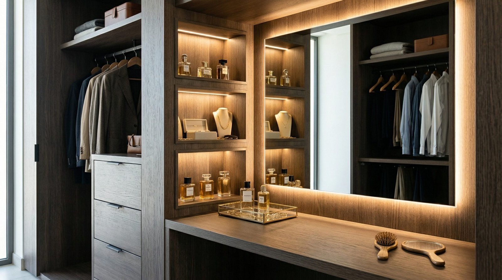 Integrated dressing table section within built-in wardrobe in smoked oak veneer with jewellery niches and backlit mirror at Jumeirah Golf Estates villa by Karnak Carpentry