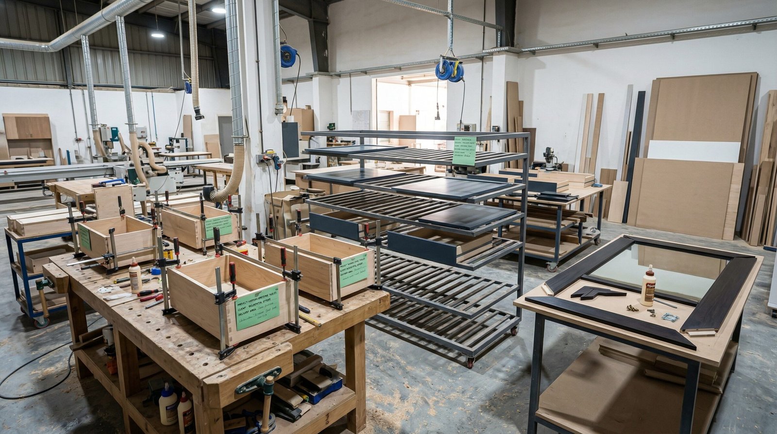 Dressing table carcass units and lacquered drawer fronts in production at Karnak Carpentry Al Quoz Dubai workshop precision fabrication stage.