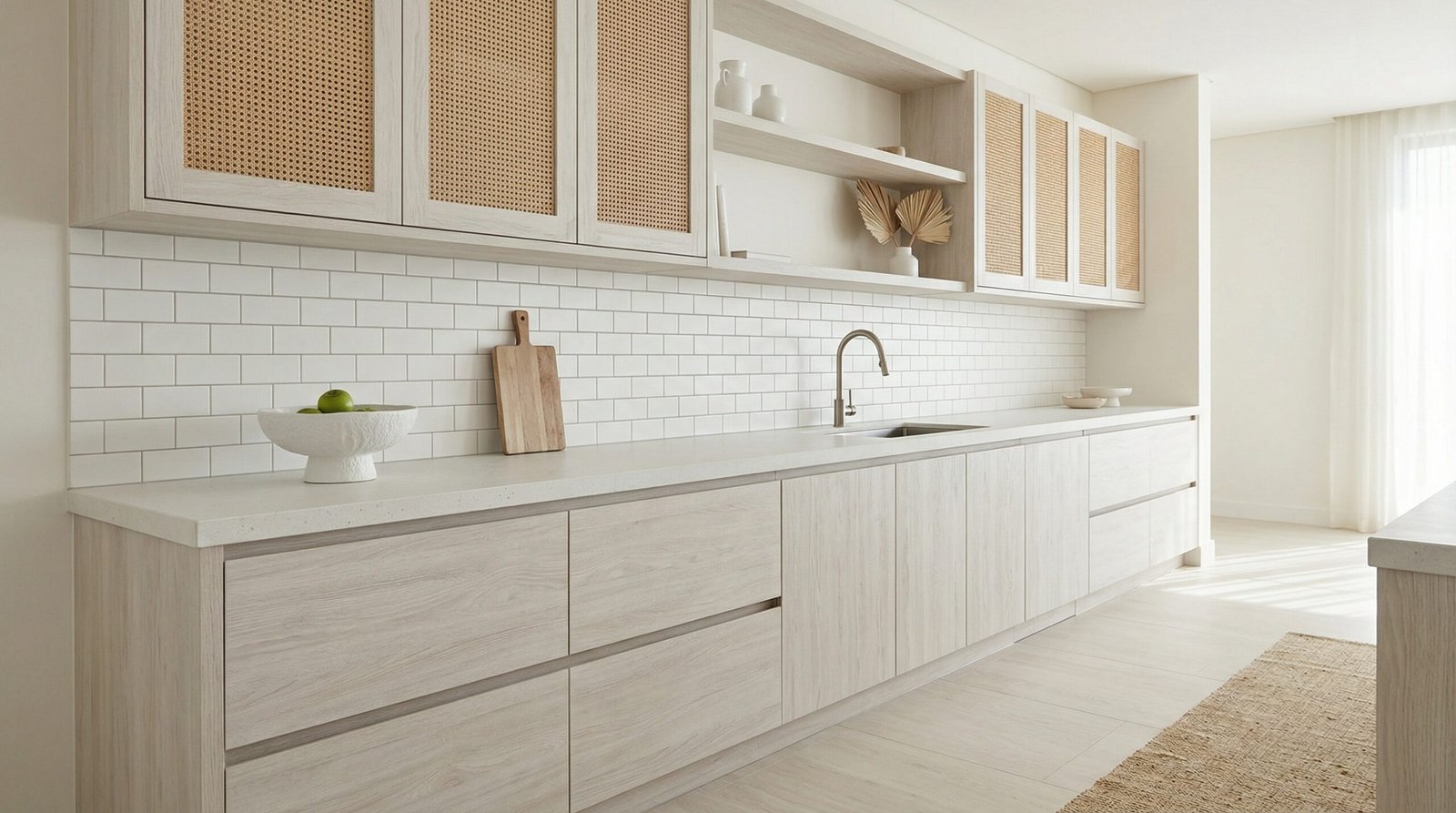 Coastal driftwood veneer kitchen cabinets with rattan-insert door panels and limestone countertop in UAE beach villa