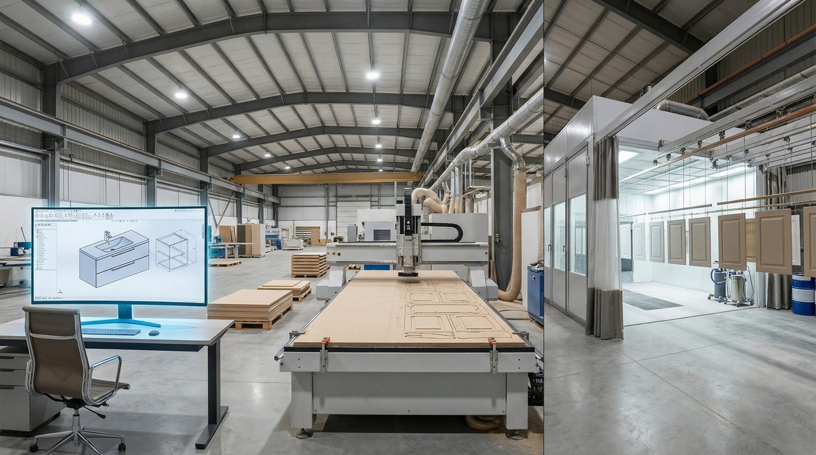 UAE joinery facility showing in-house design workstation, CNC fabrication, and spray finishing areas for bathroom vanity production