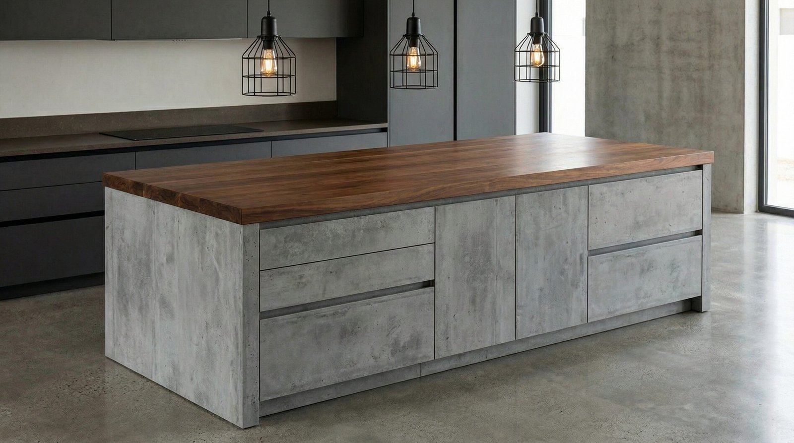 Concrete-clad kitchen island base with warm walnut wood countertop and black cage pendants in UAE home