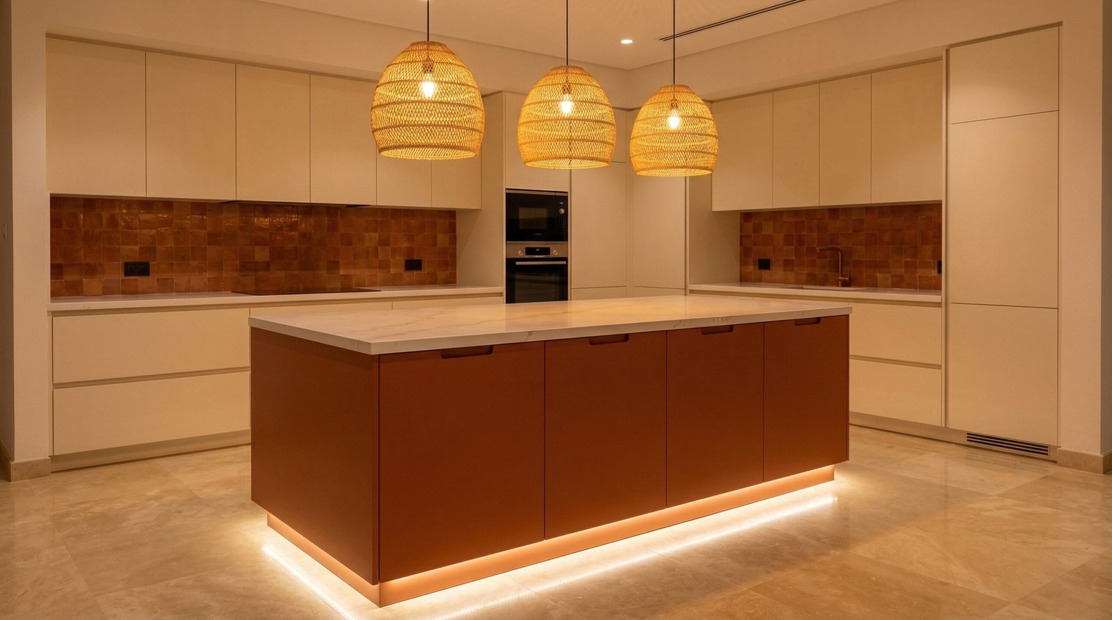 Terracotta kitchen island with warm amber rattan pendant lights and LED base strip in UAE villa evening kitchen