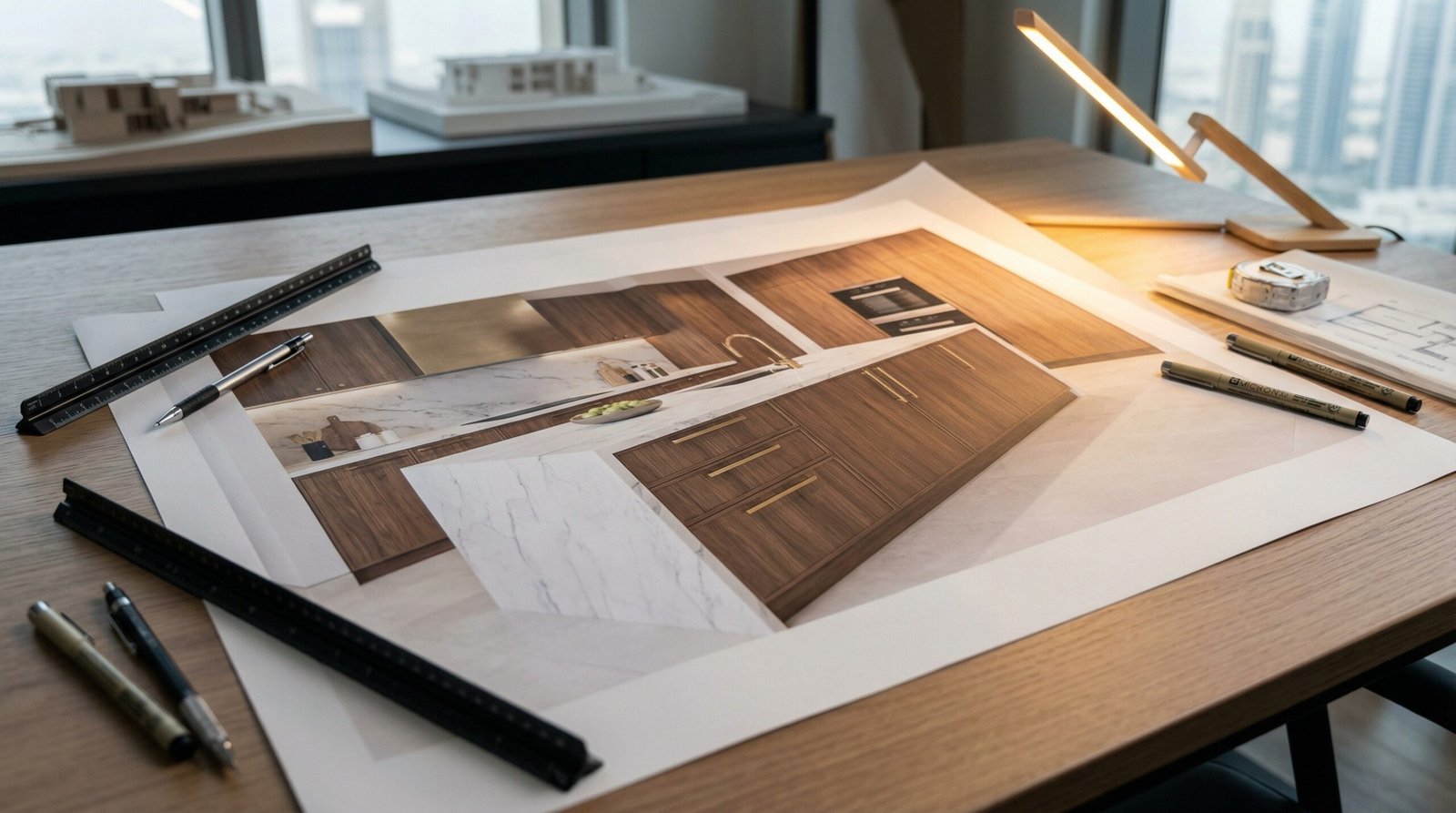 Full colour 3D render of kitchen island design proposal printed on matte paper in UAE design studio showing three-quarter view