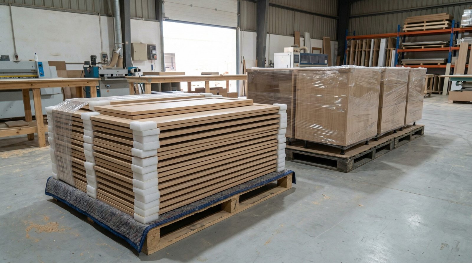 Completed kitchen island cabinet units wrapped with foam corner protectors on delivery pallets in UAE joinery workshop