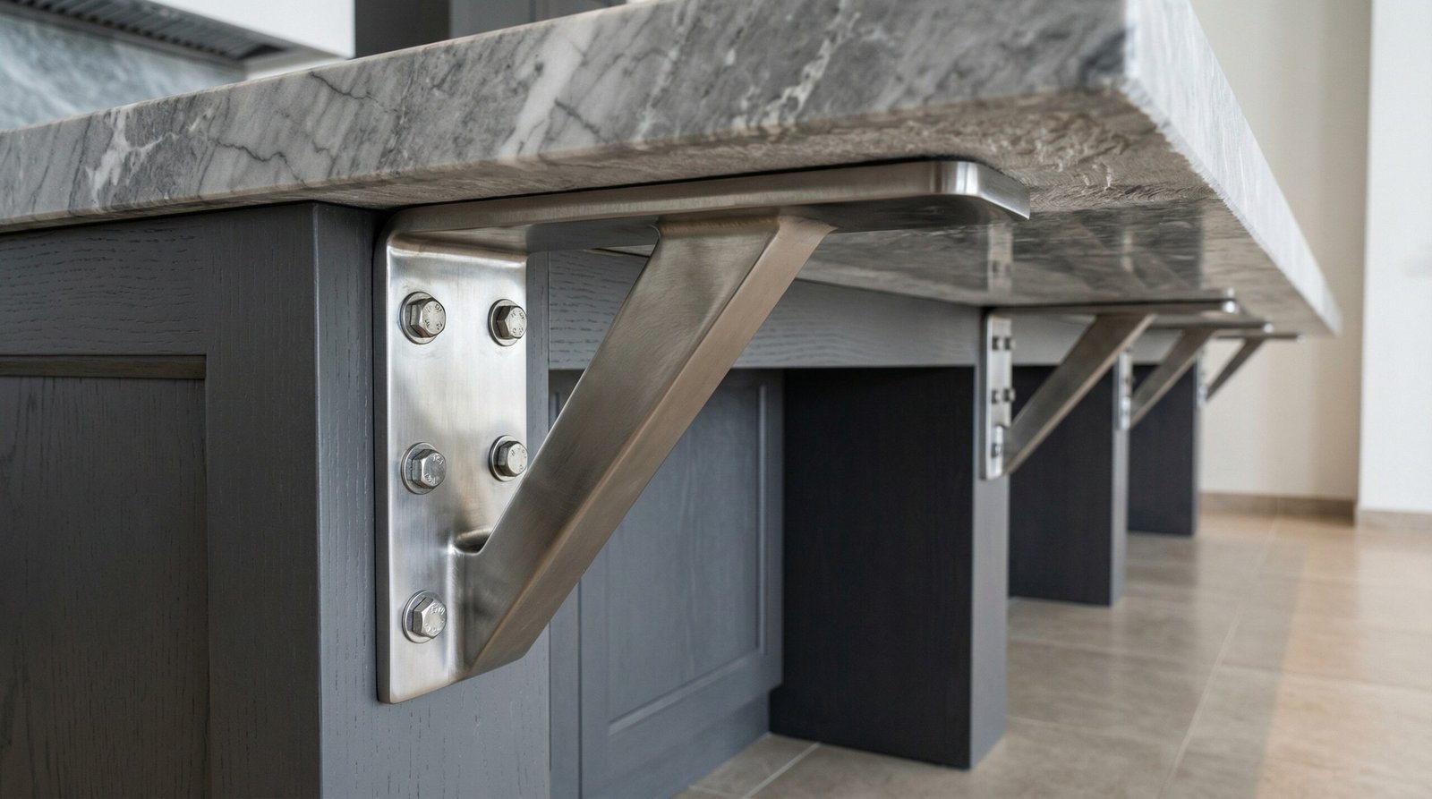 Stainless steel corbel support bracket for cantilevered kitchen island countertop overhang installed in UAE villa kitchen