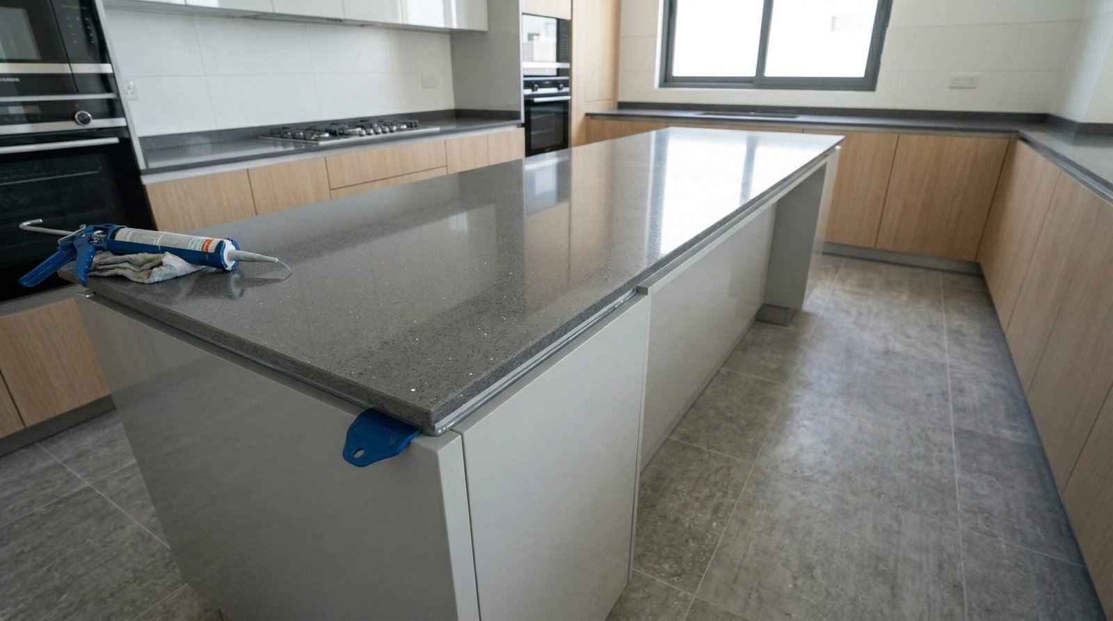 Grey silicone seam being tooled smooth between quartz countertop and island carcass during UAE kitchen island installation finishing
