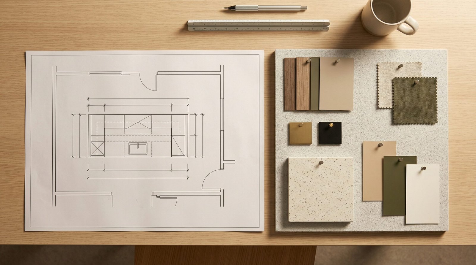 Kitchen island plan drawing alongside material mood board with laminate swatches and countertop samples on UAE design studio desk