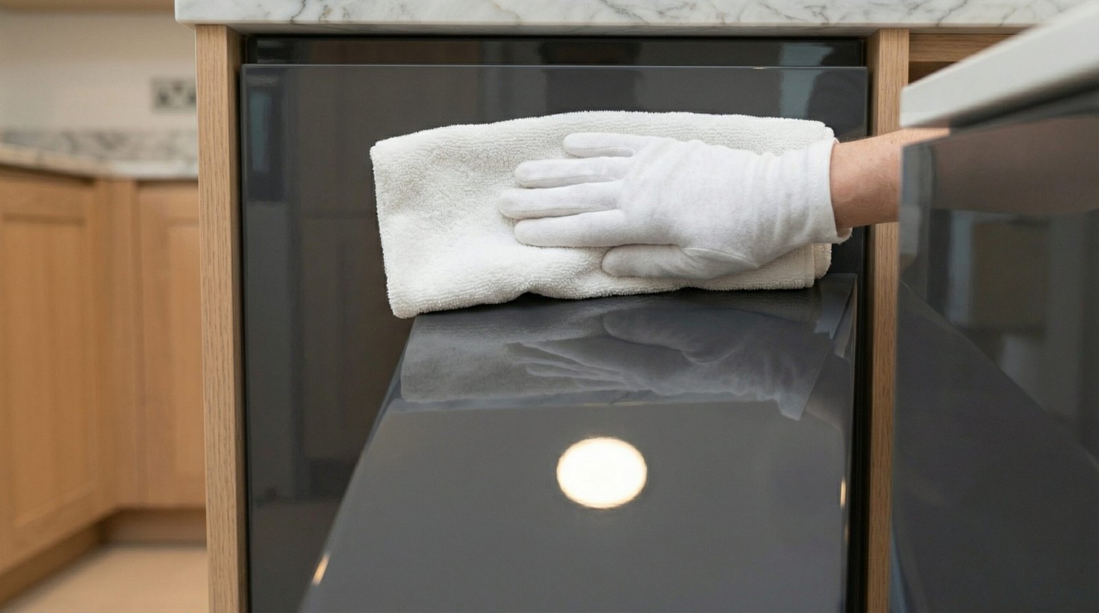 White microfibre cloth wiping high-gloss lacquer kitchen island door front showing mirror finish during quality inspection in UAE