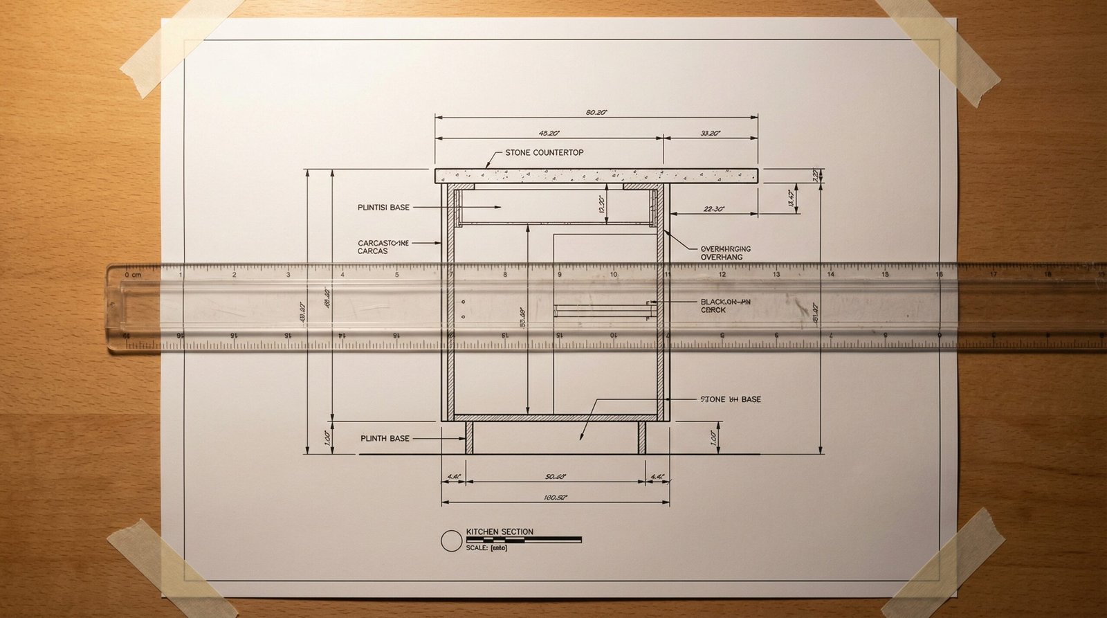 Printed kitchen island section detail drawing pinned on drafting board showing carcass and countertop cross-section in UAE design studio