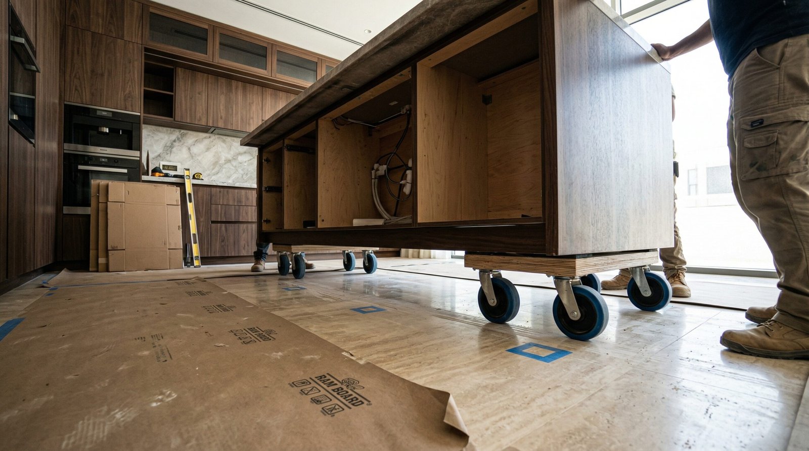 Kitchen island on moving dollies being positioned into final location during UAE villa kitchen installation process