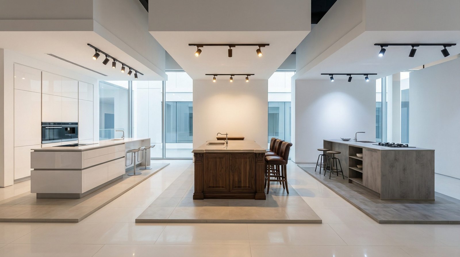 Three kitchen island styles displayed in UAE showroom showing high-gloss white, dark walnut traditional, and concrete-look contemporary