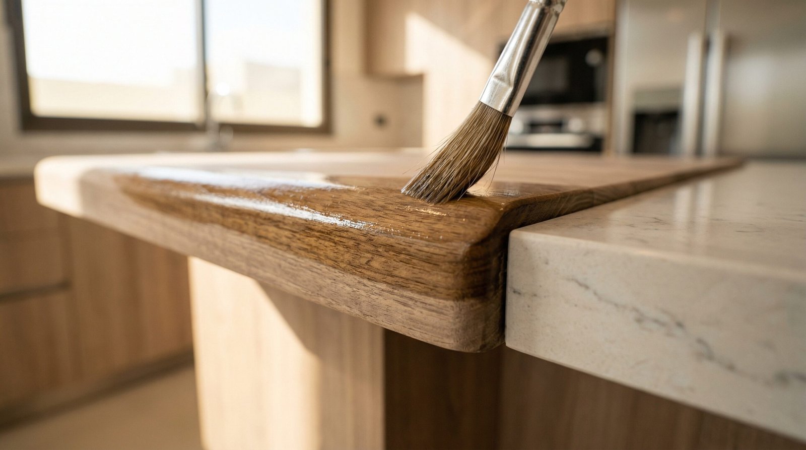 Hand-applying hardwax oil finish to timber edge profile insert on kitchen island countertop in UAE villa finishing process