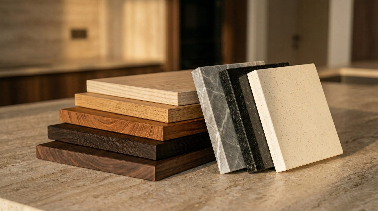 Fanned timber veneer species samples alongside marble, granite, and quartz countertop stone specimens for kitchen island material selection UAE