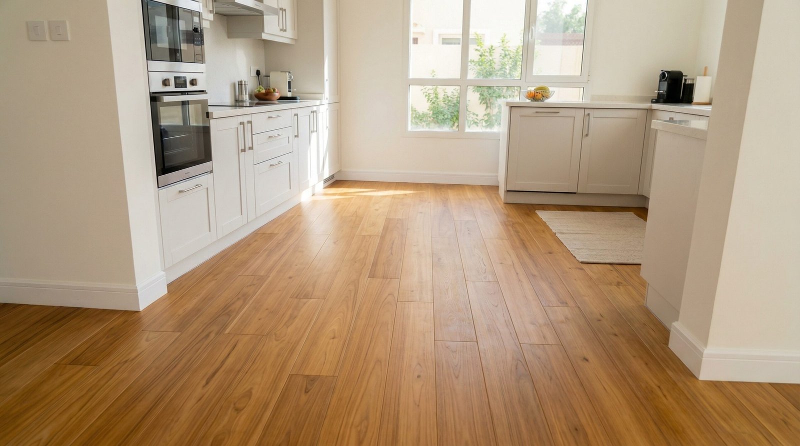 After shot: Cracked tiles replaced with durable engineered teak parquet.