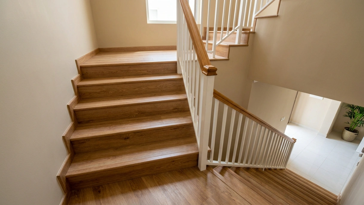 Renovated staircase in The Springs clad with durable oak-finish laminate flooring and matching trims by Karnak Carpentry.