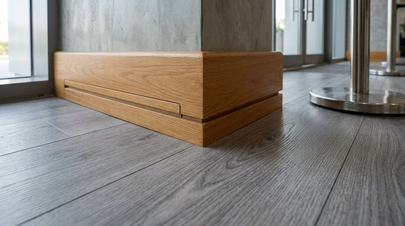 Detailed joinery between grey laminate flooring and custom wooden baseboard.