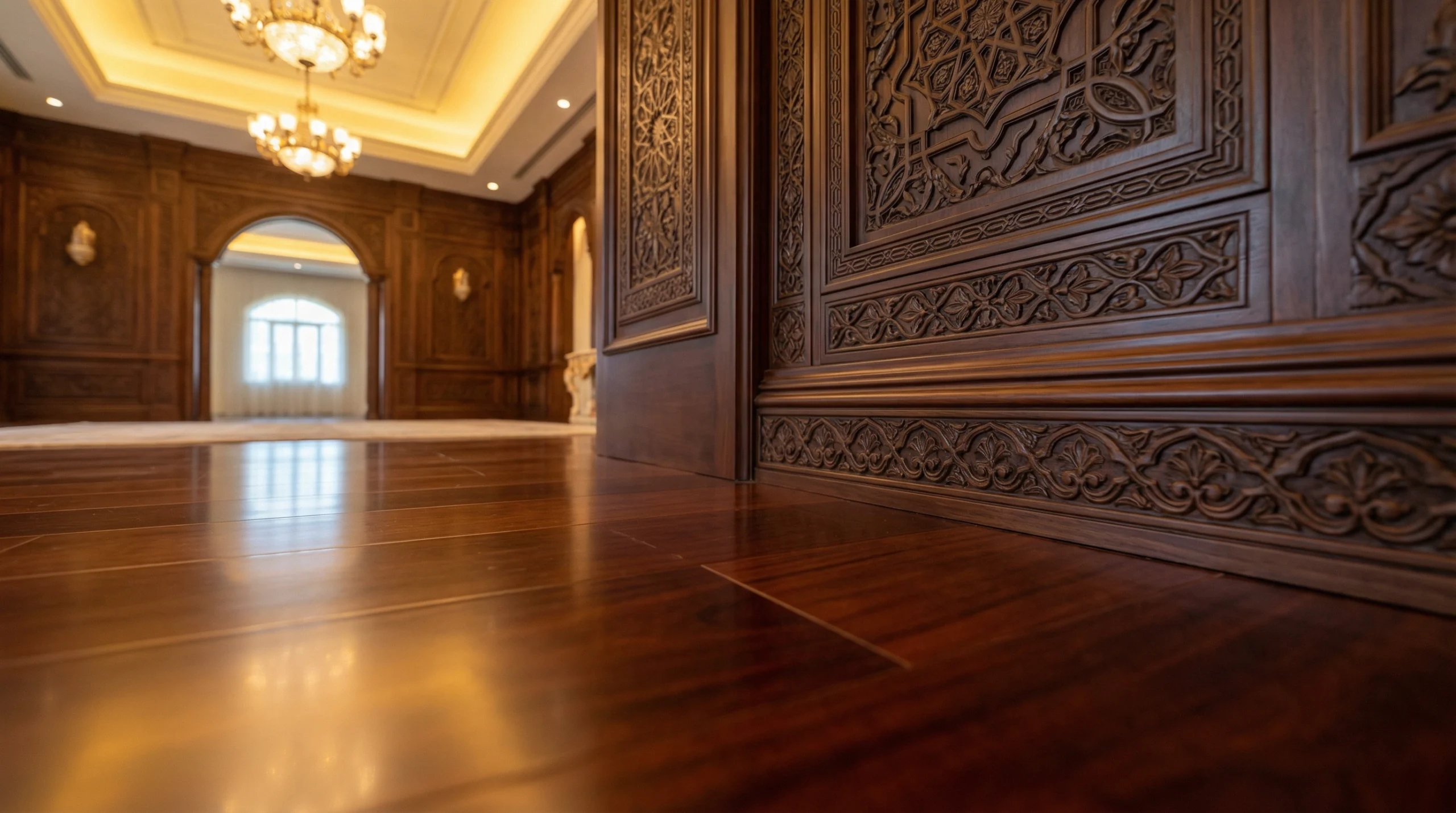 Immaculate deep mahogany laminate flooring meeting traditional carved wood joinery in an Arabian Ranches villa.