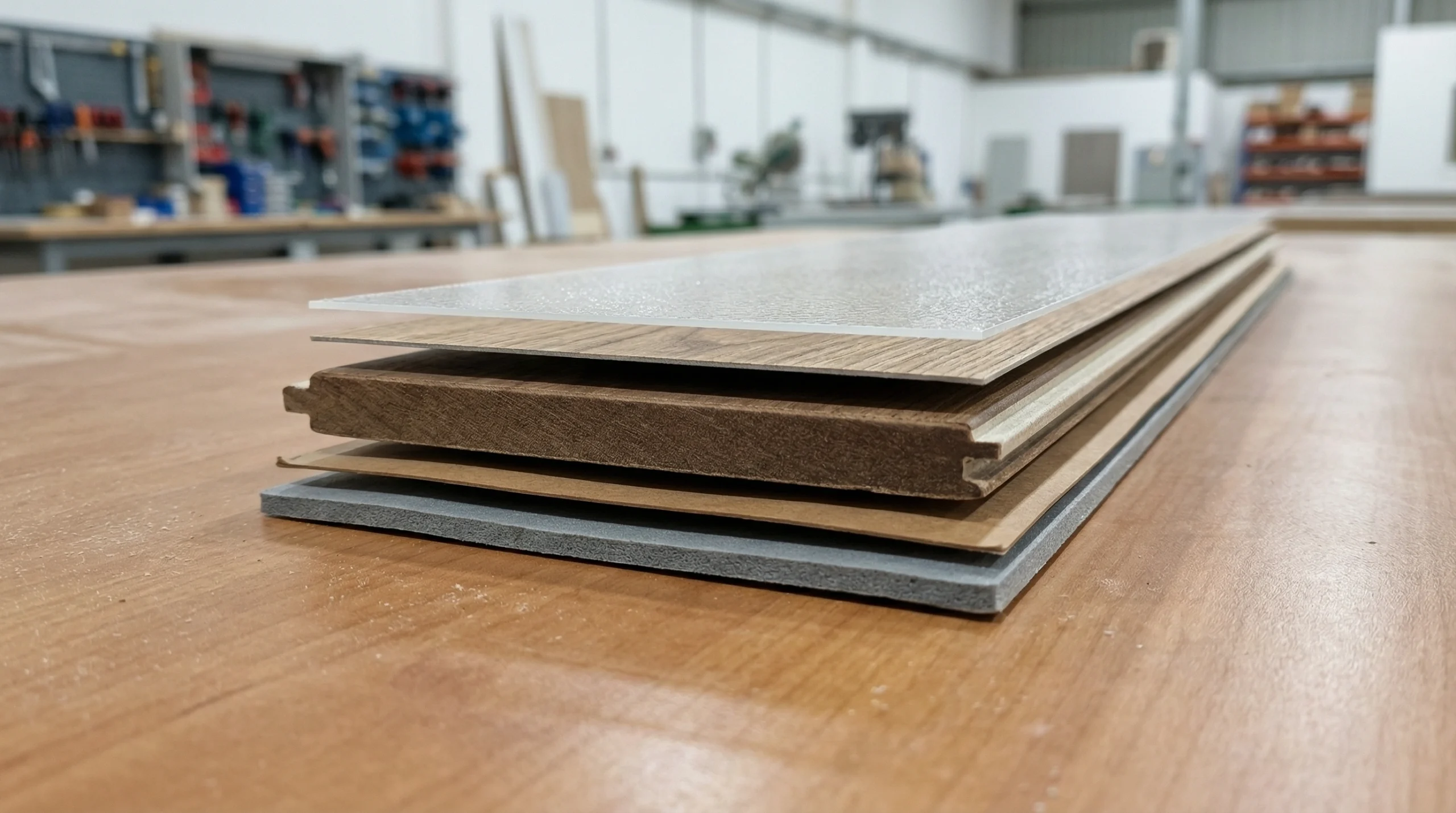 Detailed cross-section showing the five-layer construction of durable laminate flooring on an Al Quoz workshop table.