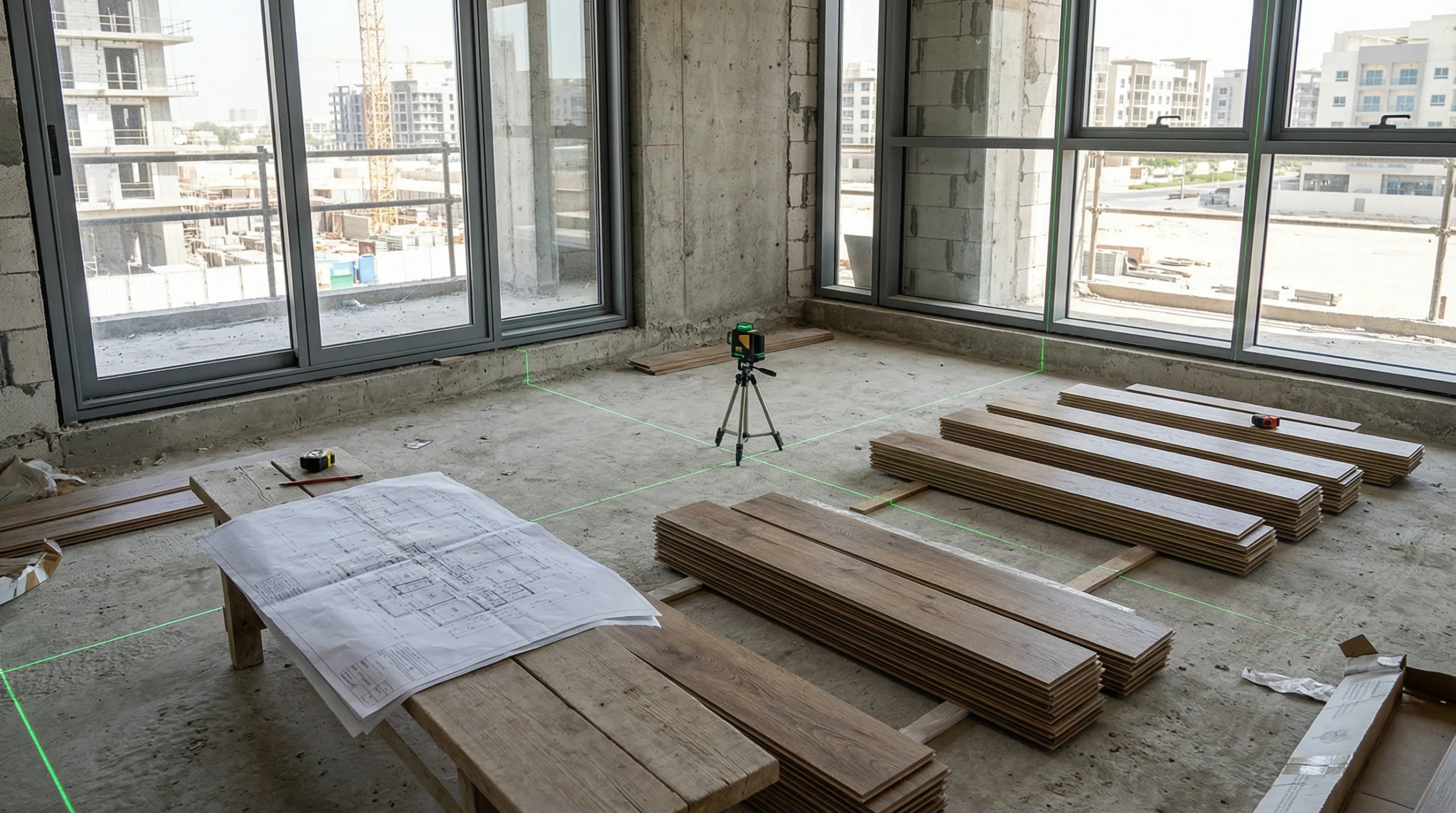 Raw concrete floor assessment with laser level and acclimatizing laminate planks on a JVC construction site