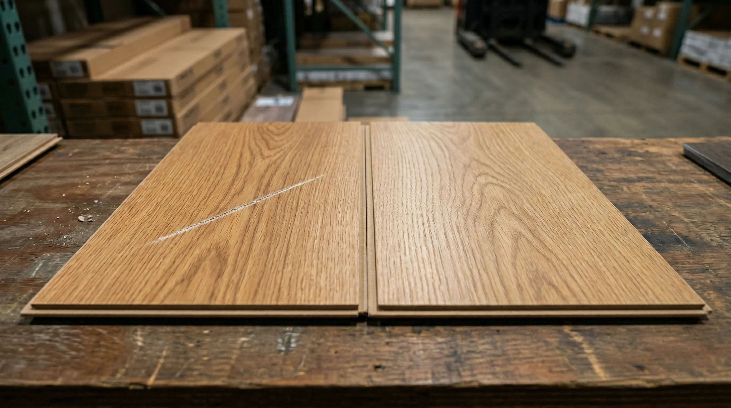 : Close-up showing wear and scratch resistance differences on different AC rated laminate flooring surfaces.