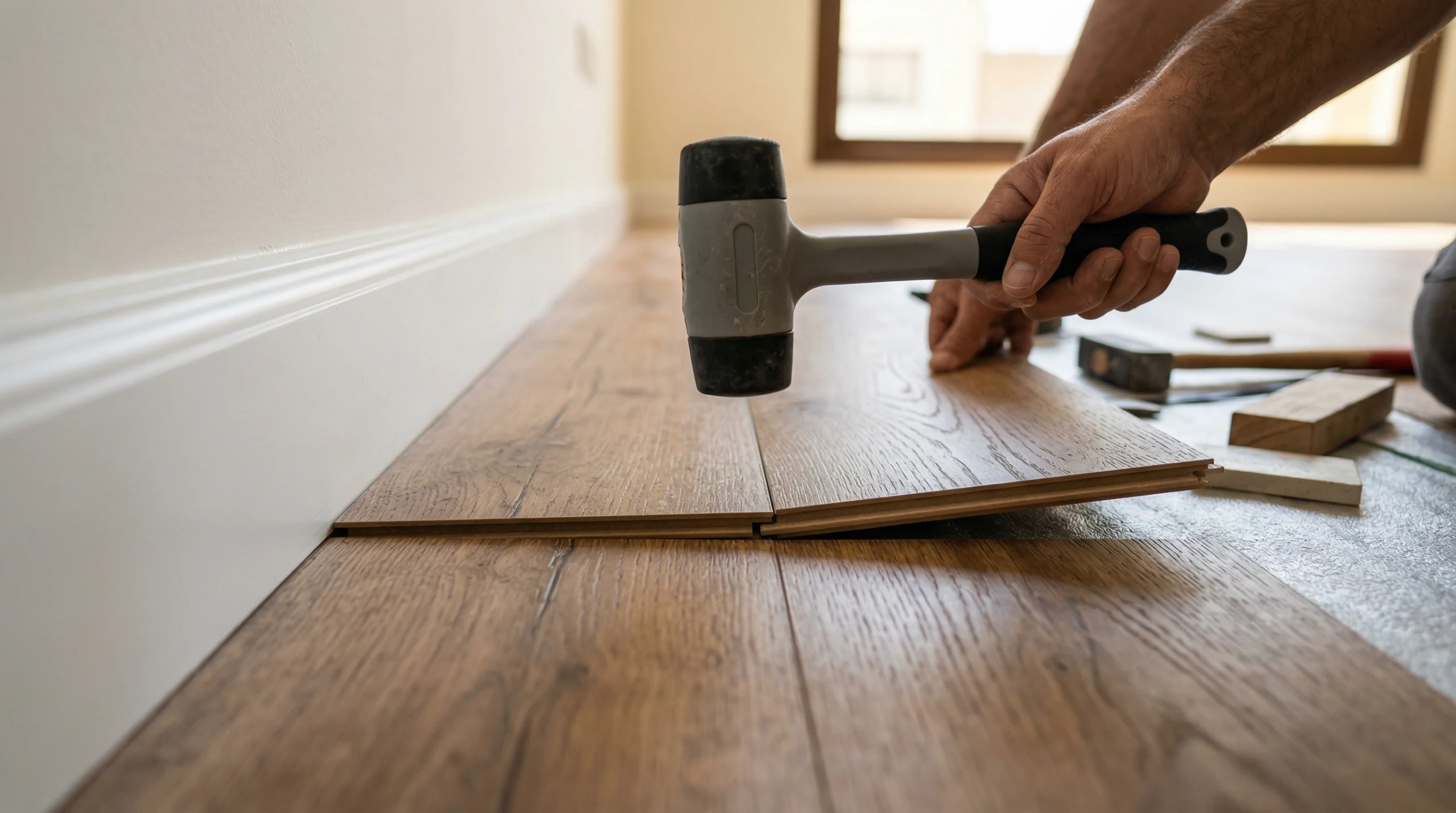 Hands achieving a precise tap-lock connection of oak laminate flooring in a Mirdif townhouse installation.