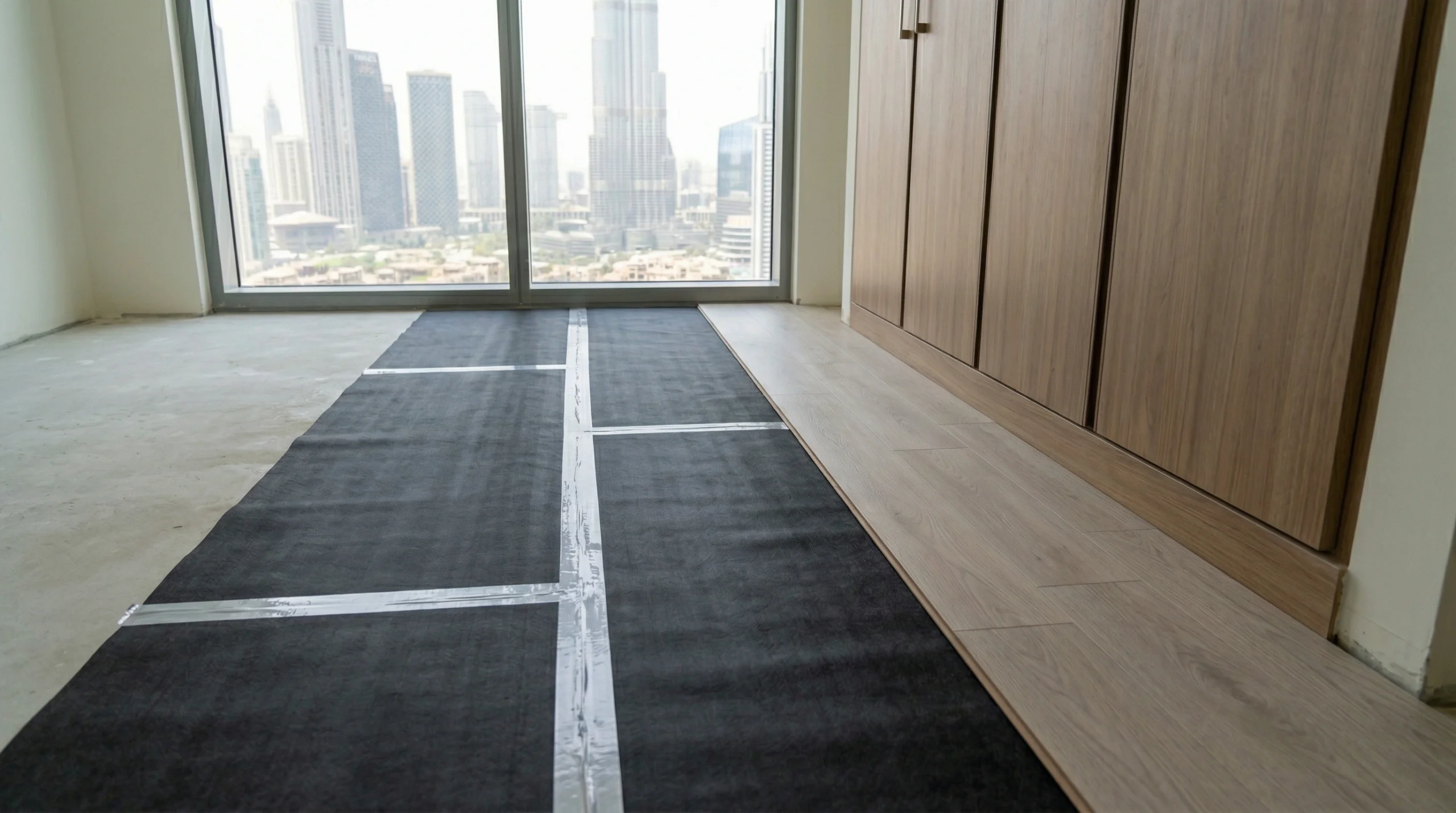 Black acoustic underlayment being rolled out over a prepared subfloor in a Downtown Dubai apartment bedroom.