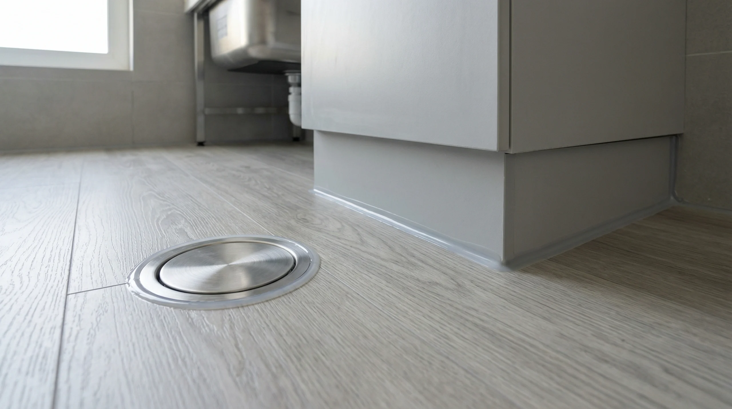 Finished grey oak waterproof laminate flooring in an Al Barsha utility room with specific wet-area sealing details.