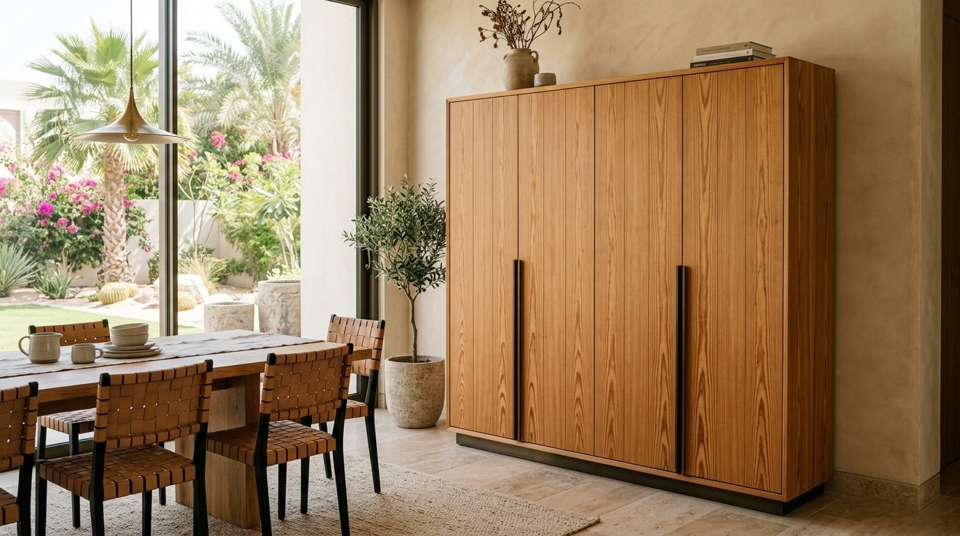 Vertical grain larch wood dining cabinetry, Nad Al Sheba.