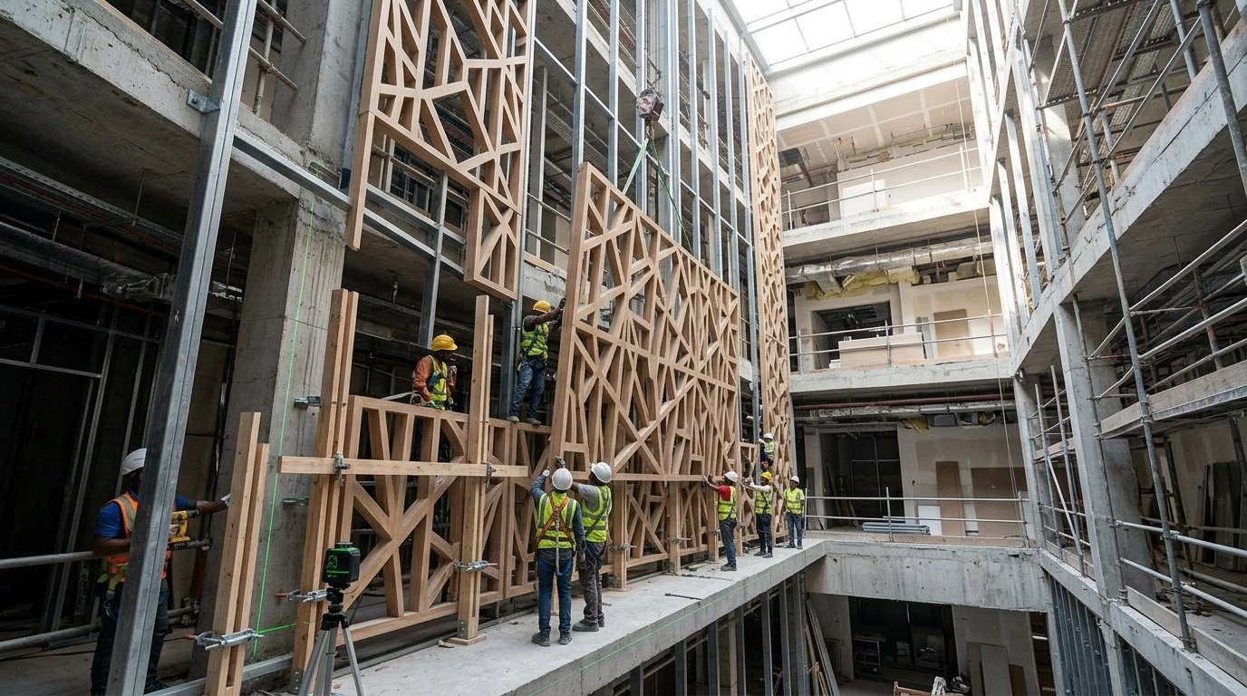 Installation of large pre-fabricated timber atrium screens on a hotel site in Dubai.