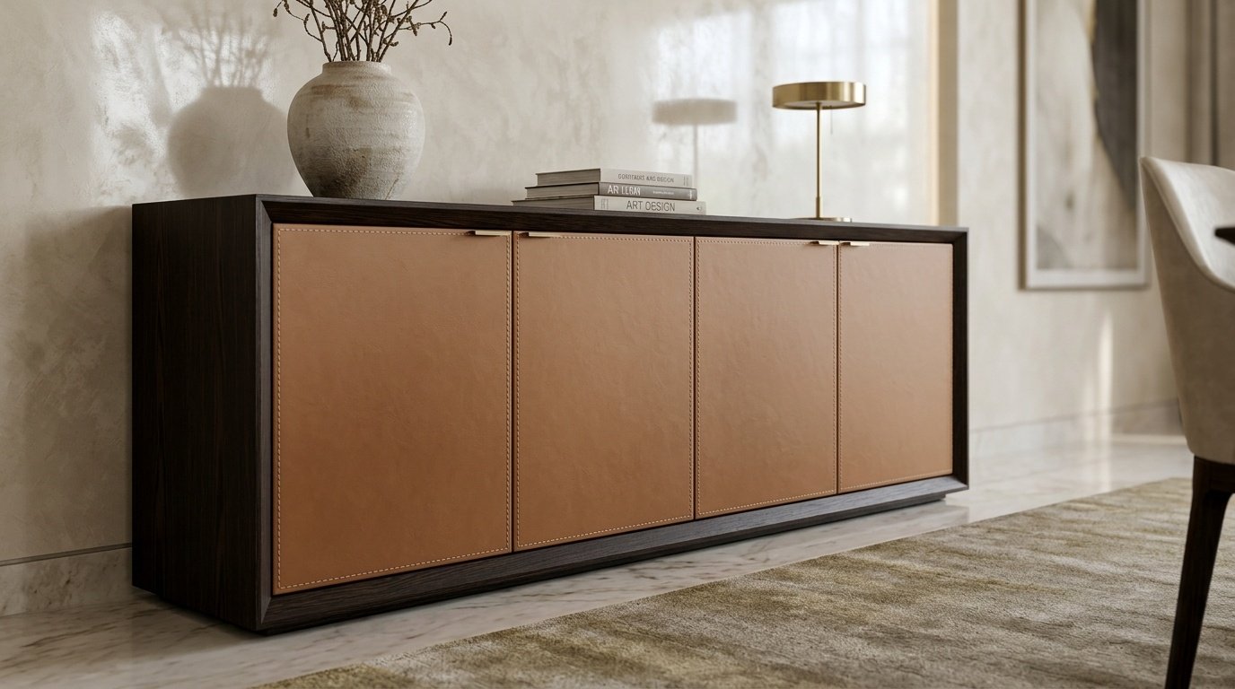 Custom leather-wrapped dining sideboard, luxury Al Bateen villa.