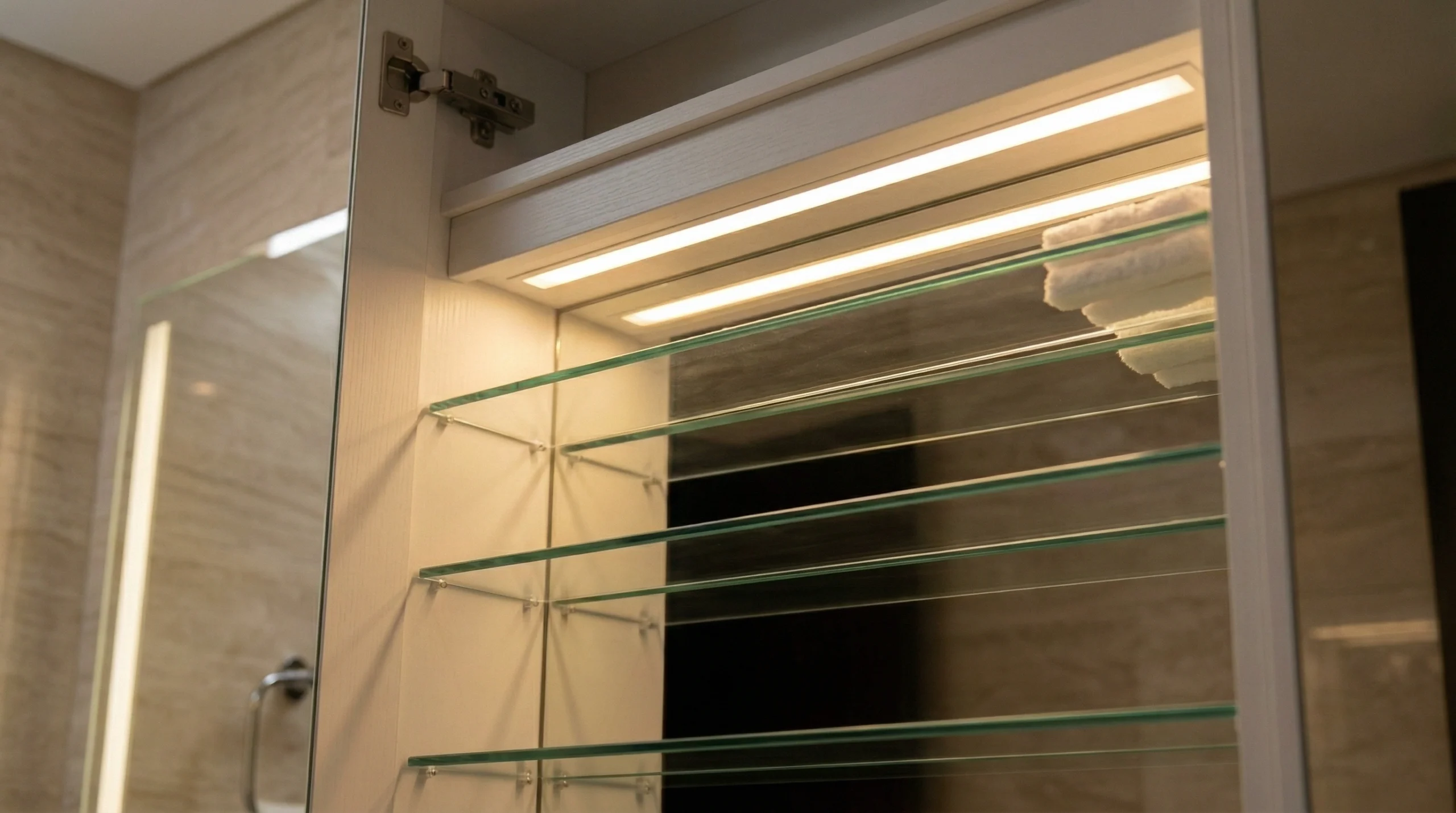 Interior top-mounted LED strip inside open mirror cabinet casting graduated downlight onto glass shelves in UAE bathroom installation