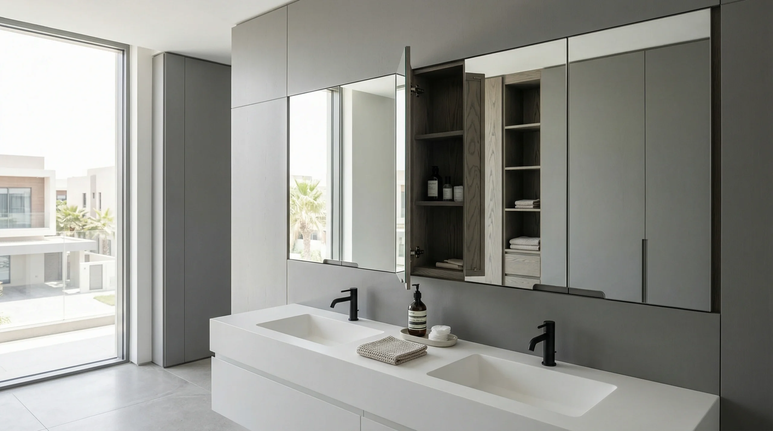 LED mirror cabinet as sole warm light source in dark UAE villa bathroom reflecting on stone countertop and gold tapware at dusk