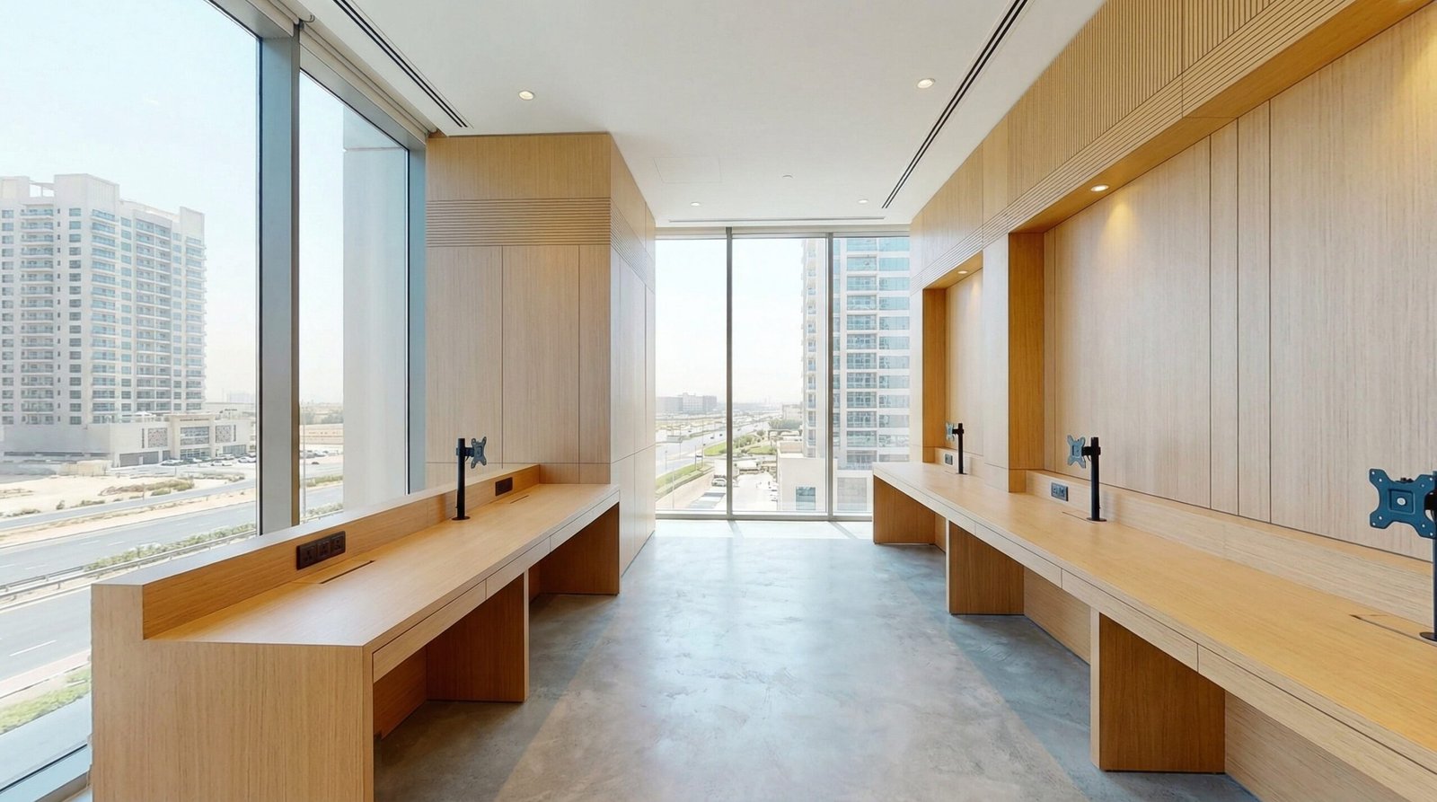 Modern light wood custom built-in workstations and matching wall panels in an Al Barsha office.