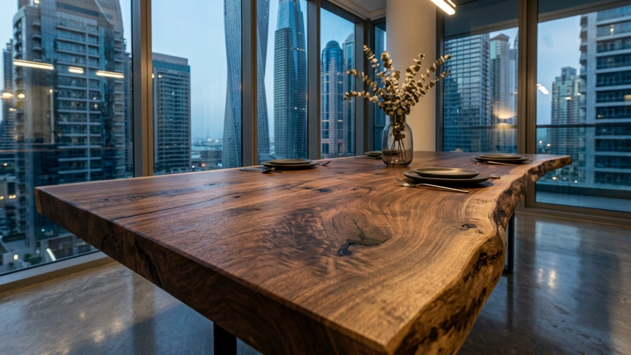 Massive single-slab live edge walnut dining table installation in a Dubai Marina penthouse.