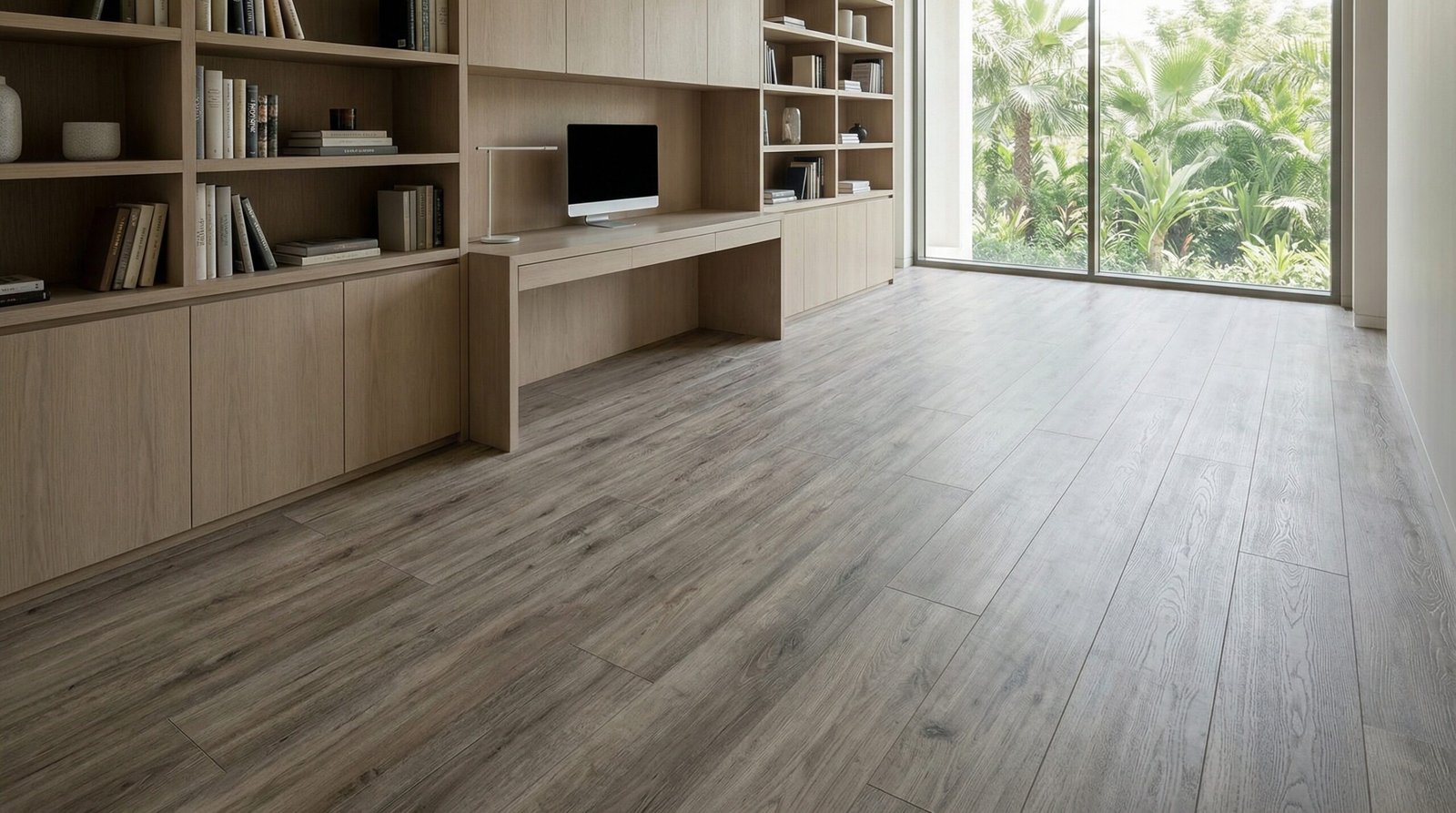 Weathered driftwood loose-lay LVT flooring installed in an Al Barari home office by Karnak Carpentry.
