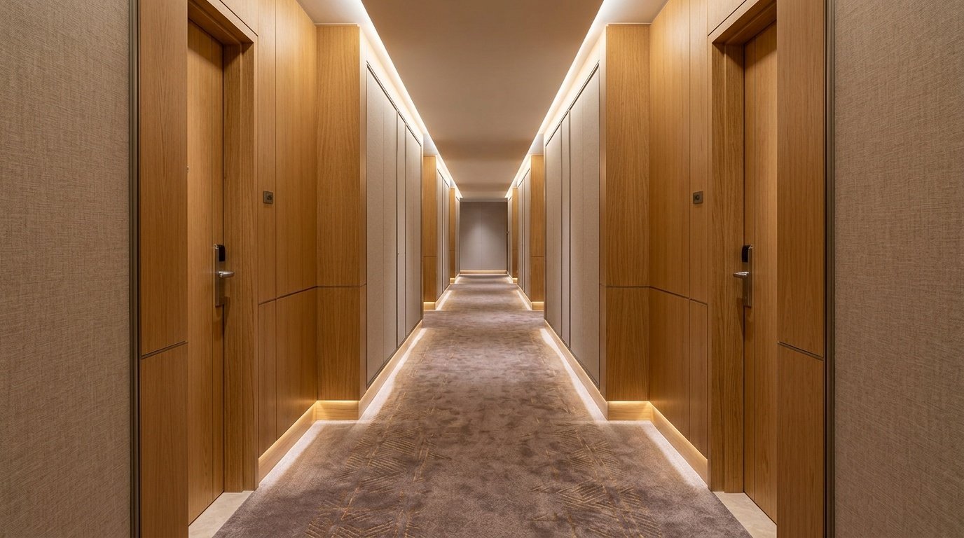 Custom oak wood wall paneling and flush fire-rated doors in a Dubai hotel corridor by Karnak Carpentry.