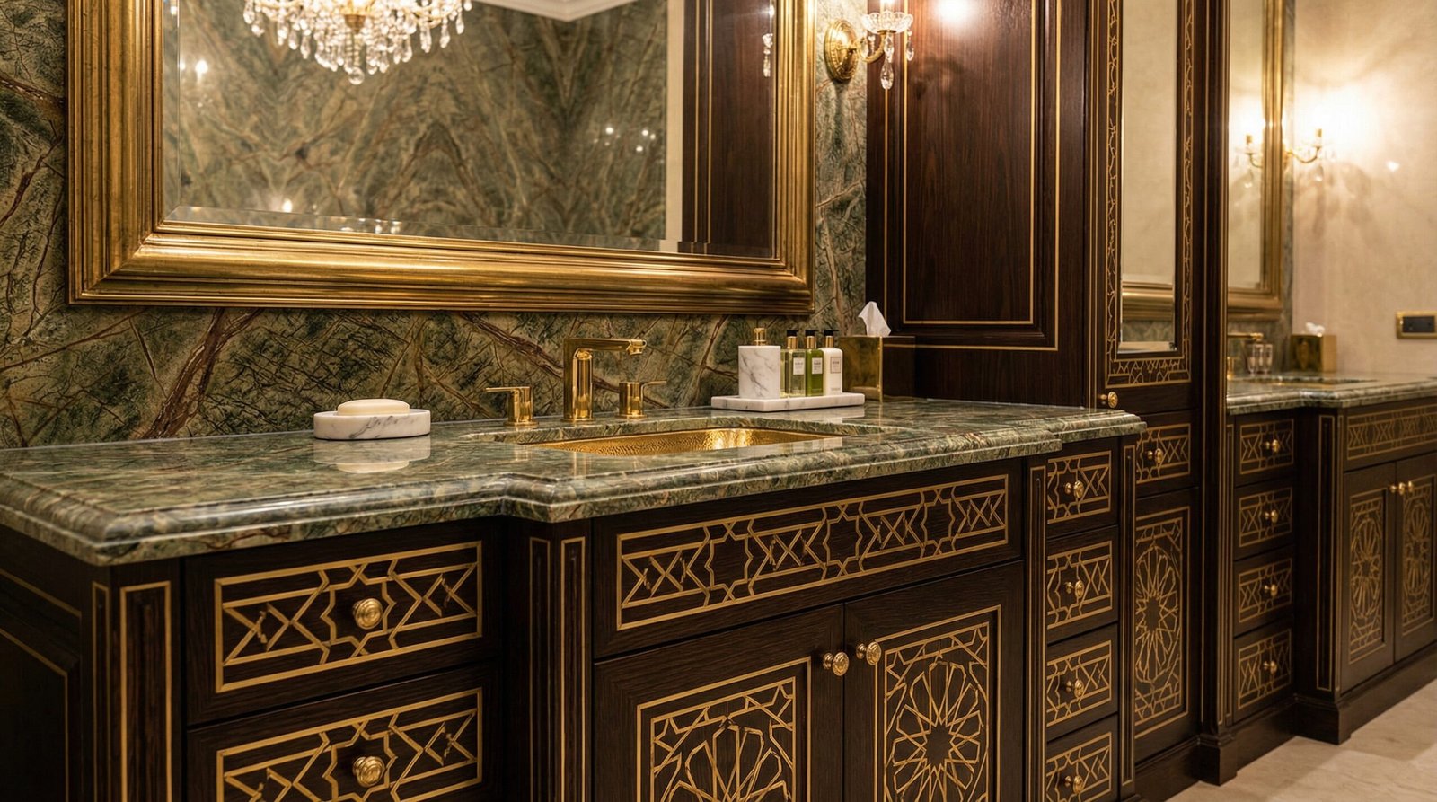 Opulent dark wood bathroom vanity with intricate brass inlay details, custom Karnak Carpentry work in Emirates Hills