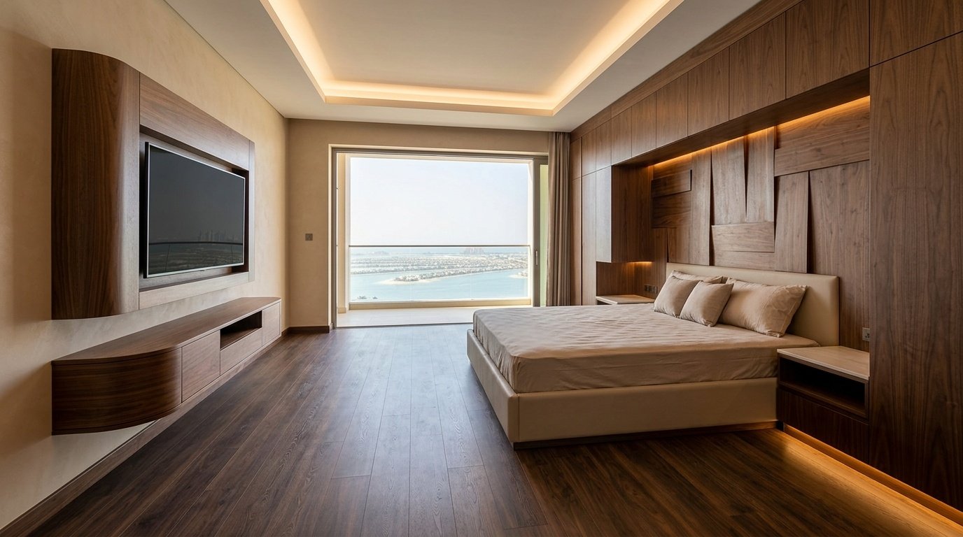 Dark walnut premium LVT flooring in a Palm Jumeirah hotel room with extensive custom cabinetry.