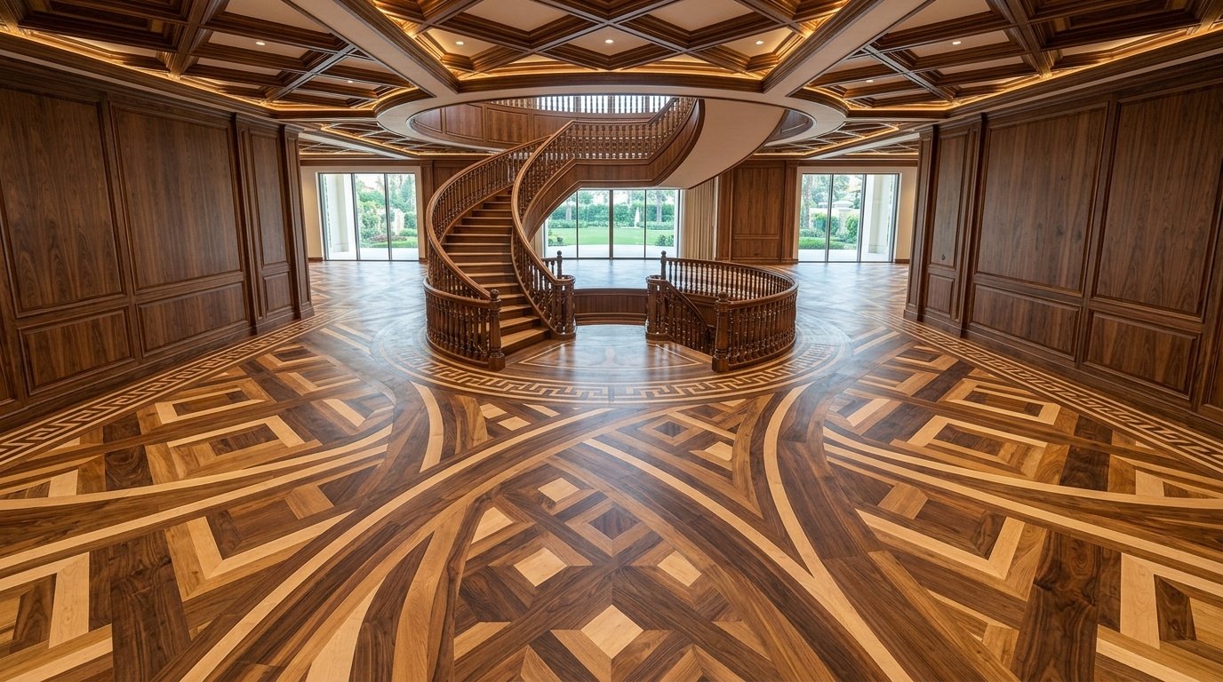 Grand villa atrium featuring complex LVT flooring integrated with master walnut joinery in Emirates Hills.