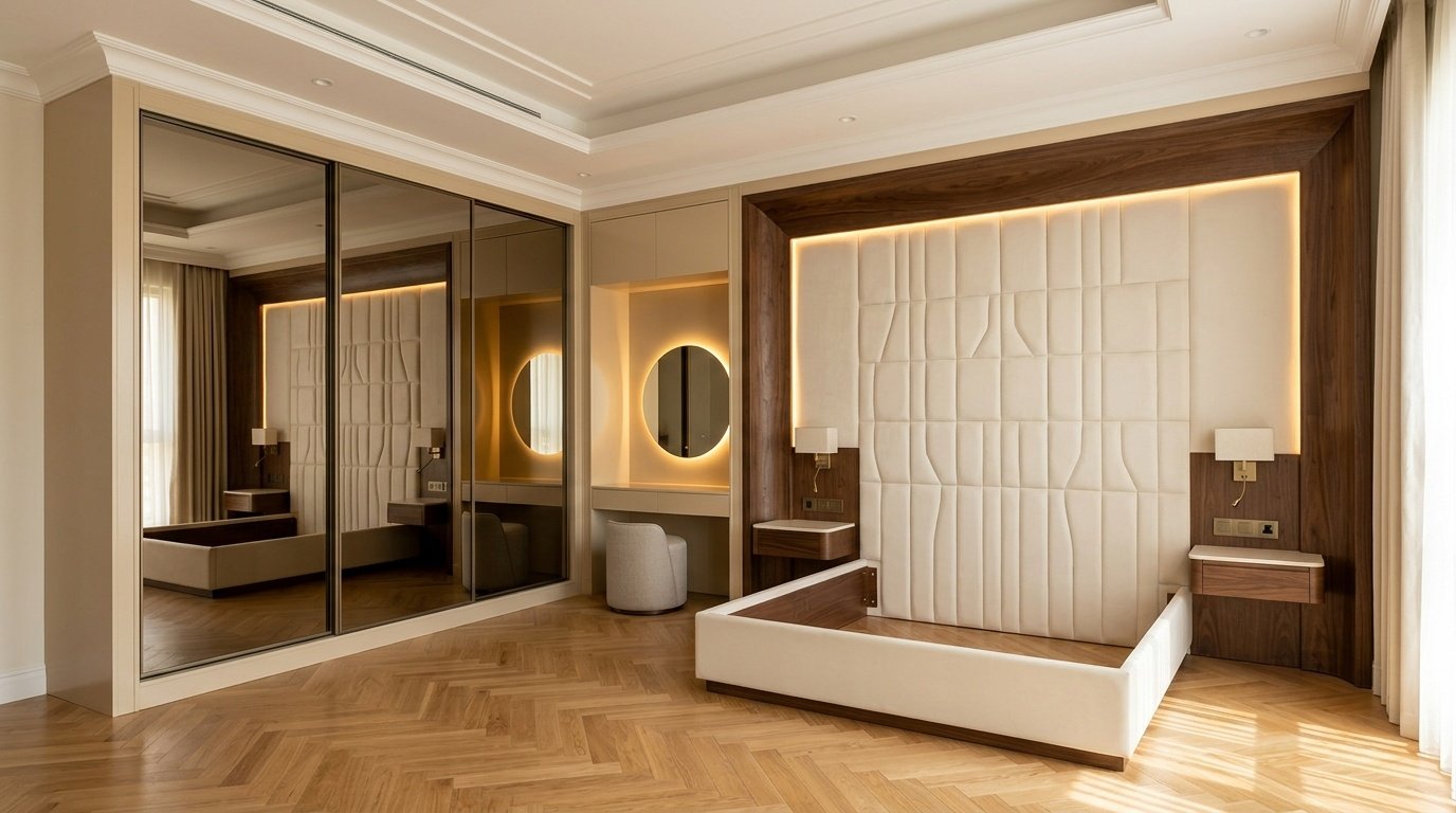 Luxury custom bedroom furniture suite with smoked mirror wardrobes, quilted headboard wall, and illuminated dressing table in a UAE master bedroom by Karnak Carpentry