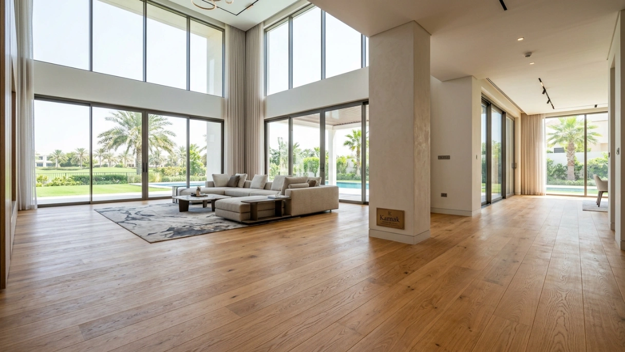 Premium wide-plank oak wood flooring installed in a luxury Emirates Hills villa by Karnak Carpentry, showing seamless joinery around architectural features.
