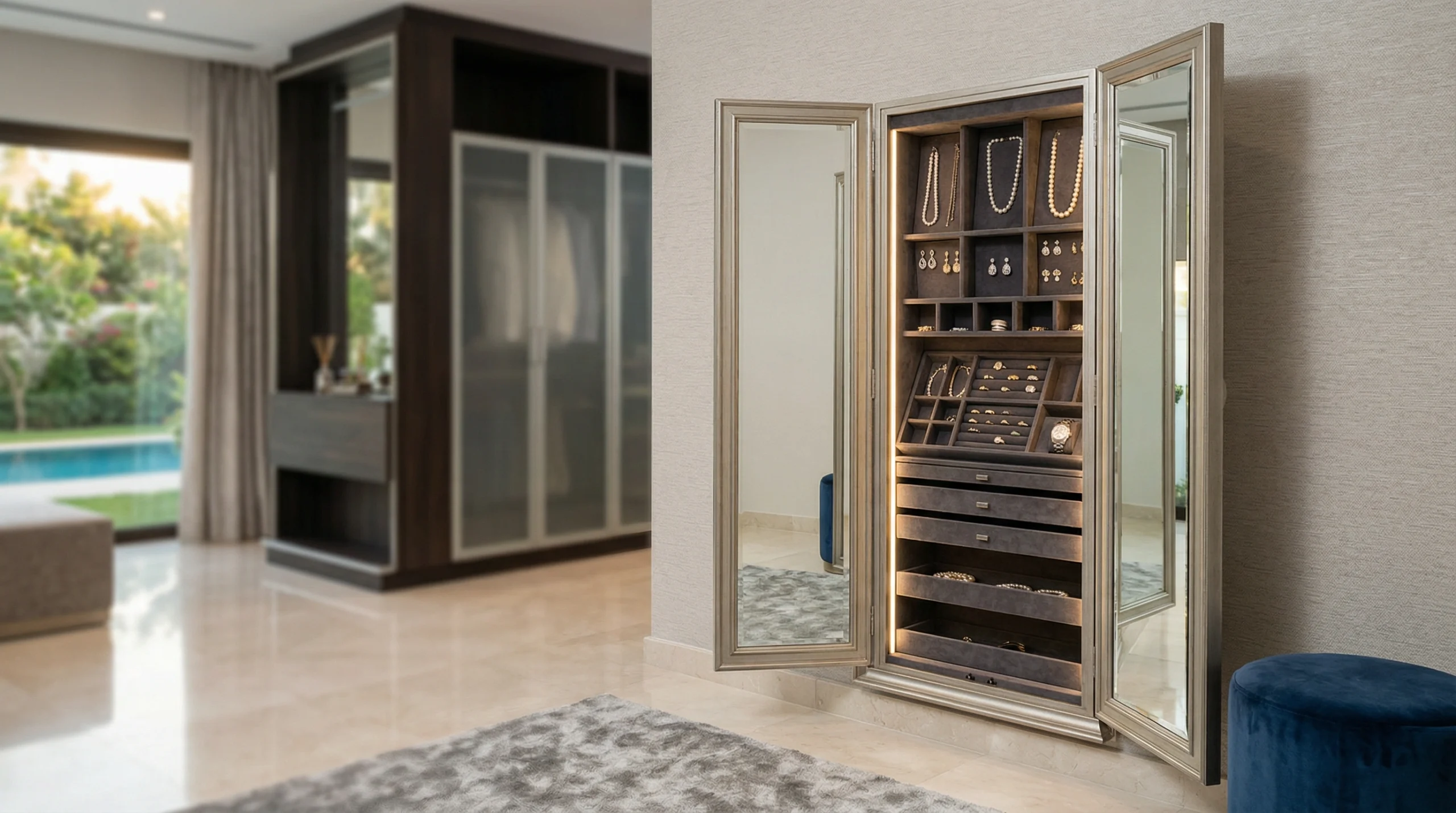 Specialized three-way folding mirror cabinet with silver wood frame and jewelry compartments on Palm Jumeirah, Dubai.